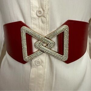 Red PU leather elastic waistband belt with rhinestone details buckle